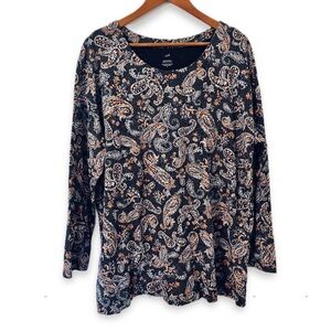 J Jill Paisley Supima Cotton Navy Scoop Neck Knit Tunic Top